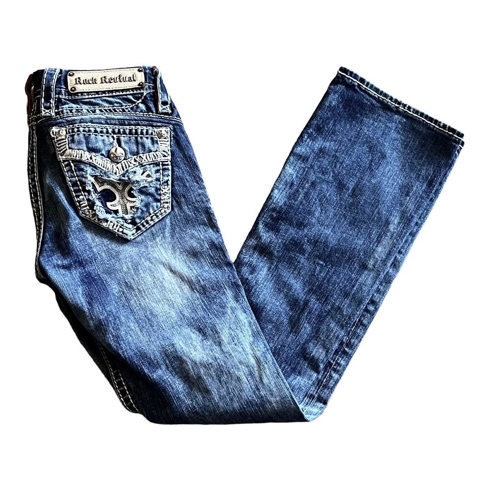 Rock Revival Blue JEAN 25 Gloria Mid Rise Straight Stretch Womens Demin Jeans